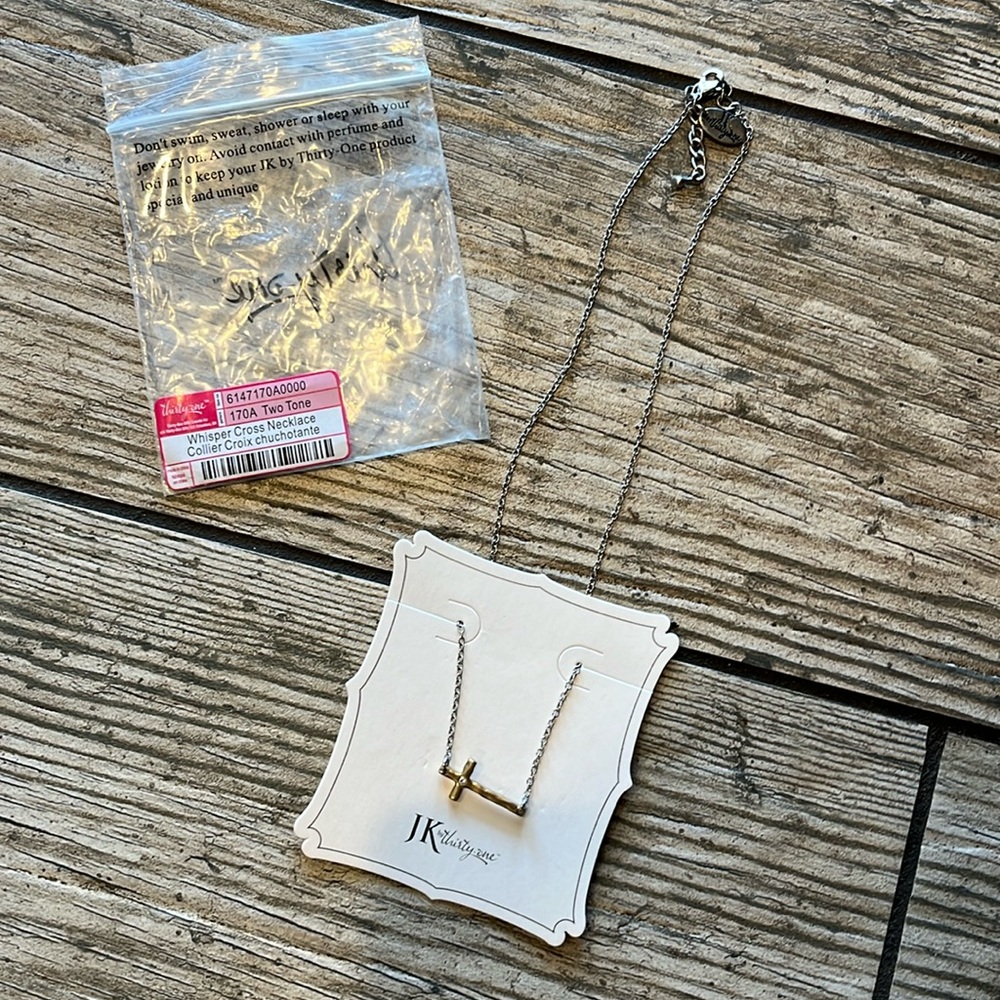 Thirty-One “Whisper Cross Necklace” 2 tone silver/gold 16”+ 2” extender NWT